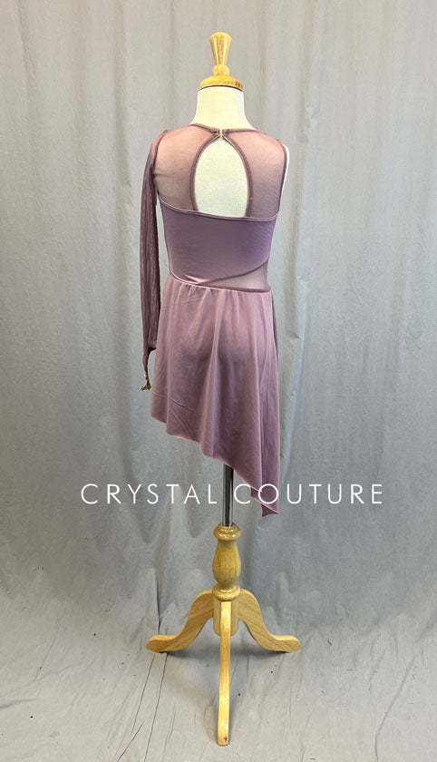 Mauve Leotard with Mesh sleeve and Asymmetrical Skirt - Rhinestones
