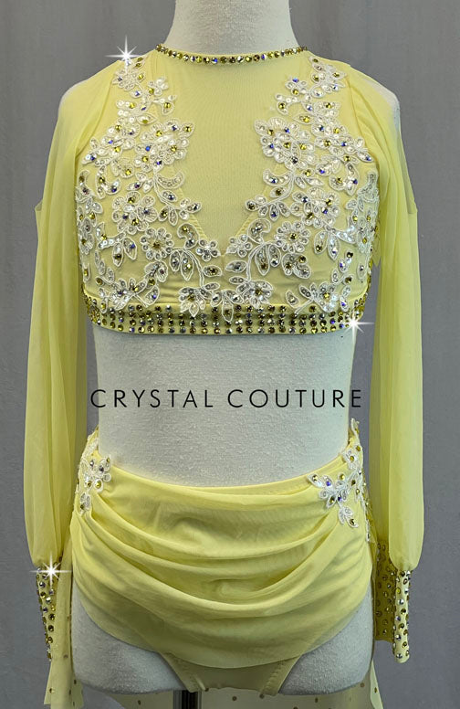 Custom Pale Yellow Two Piece with Back Skirt and Appliques - Rhinestones