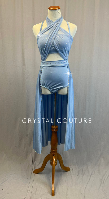 Light Blue Cross Front Halter Leotard with Long Back Skirt - Rhinestones
