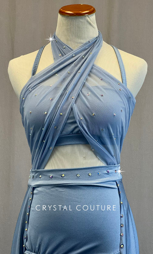 Light Blue Cross Front Halter Leotard with Long Back Skirt - Rhinestones