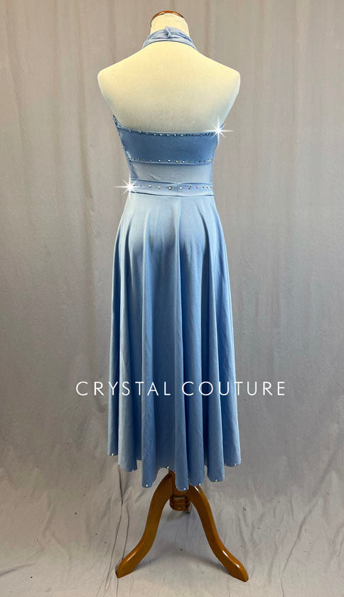 Light Blue Cross Front Halter Leotard with Long Back Skirt - Rhinestones