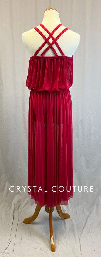 Red Lattice Back Dress with Flounce Top - Rhinestones