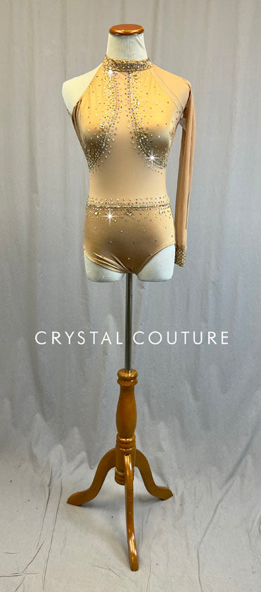 Custom Light Bronze Asymmetrical Leotard with Mesh Cutouts - Rhinestones