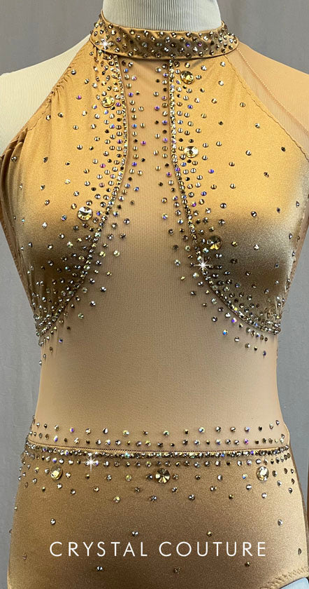 Custom Light Bronze Asymmetrical Leotard with Mesh Cutouts - Rhinestones