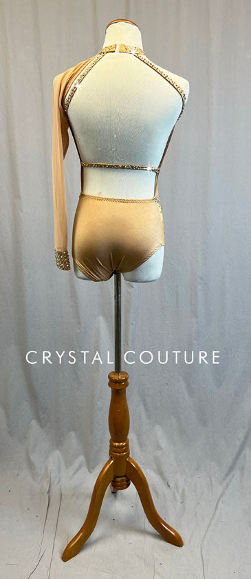 Custom Light Bronze Asymmetrical Leotard with Mesh Cutouts - Rhinestones