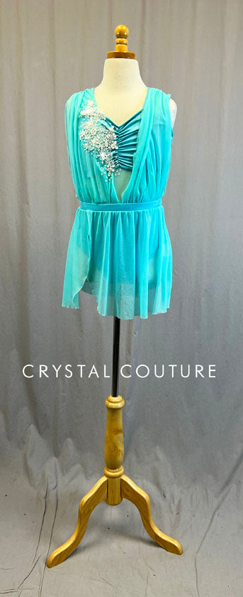 Aqua Blue Short Dress with Bandeau Top - Rhinestones
