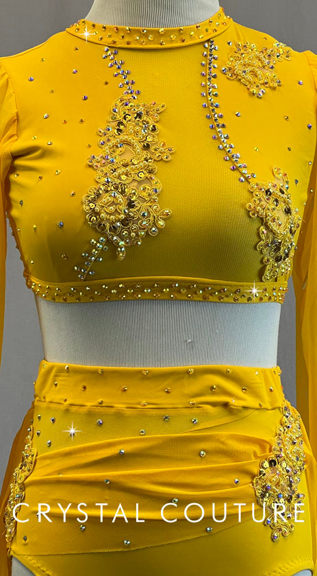 Custom Mustard Two Piece with Back Skirt and Appliques - Rhinestones