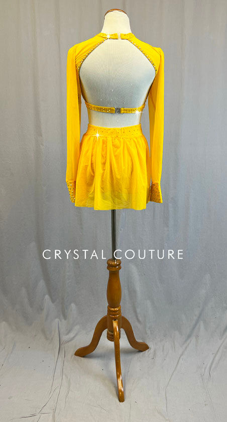 Custom Mustard Two Piece with Back Skirt and Appliques - Rhinestones