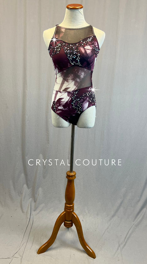 Maroon and White Watercolor Leotard - Rhinestones