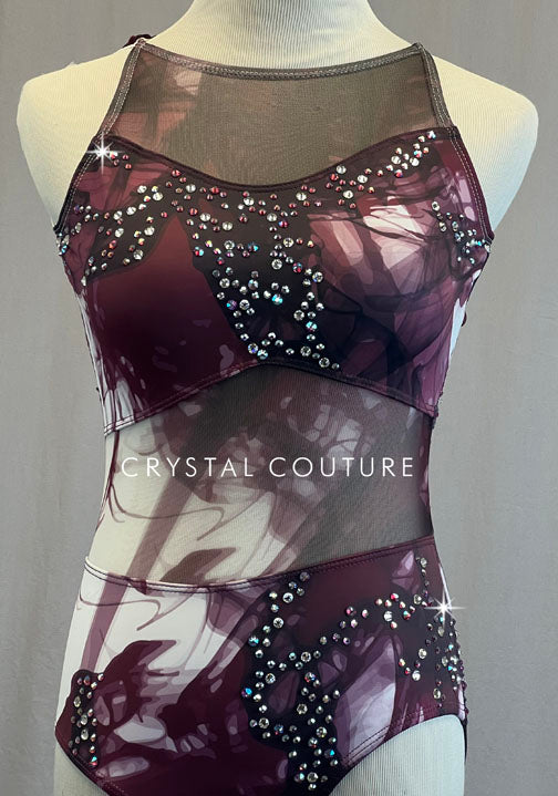 Maroon and White Watercolor Leotard - Rhinestones