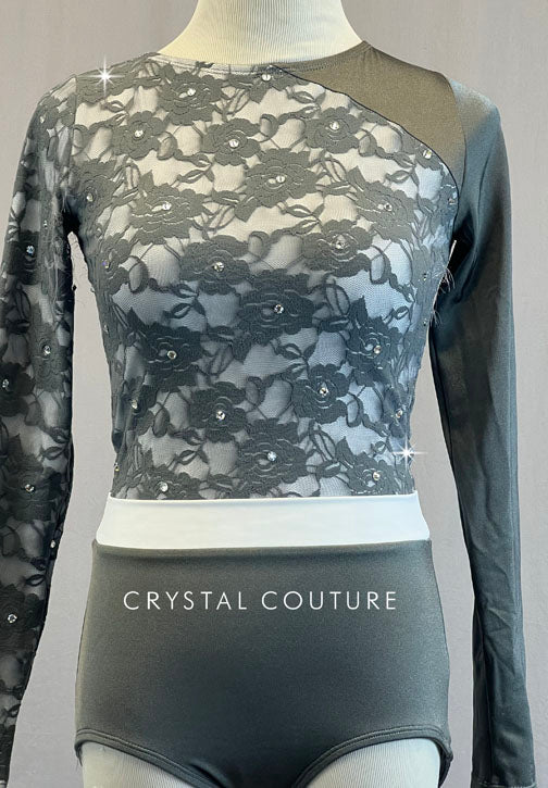 Light Grey Long Sleeved Lace Leotard - Rhinestones