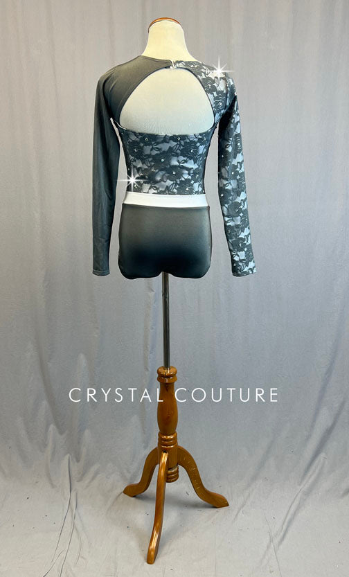 Light Grey Long Sleeved Lace Leotard - Rhinestones