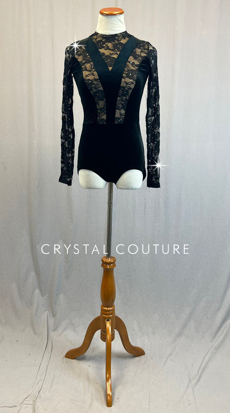 Black Velour and Lace Long Sleeve Leotard - Rhinestones