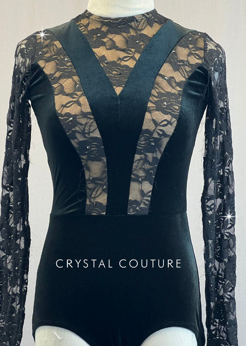 Black Velour and Lace Long Sleeve Leotard - Rhinestones