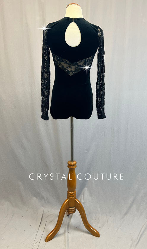 Black Velour and Lace Long Sleeve Leotard - Rhinestones