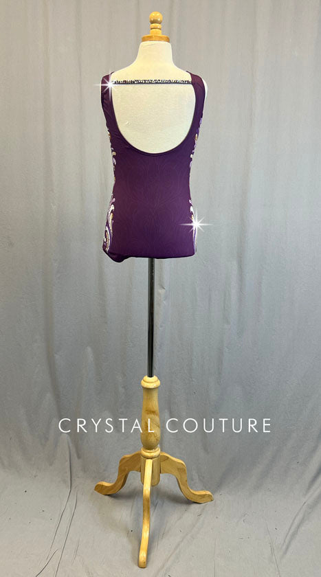 Purple Leotard with Gold and Ivory Floral Vector Pattern - Rhinestones