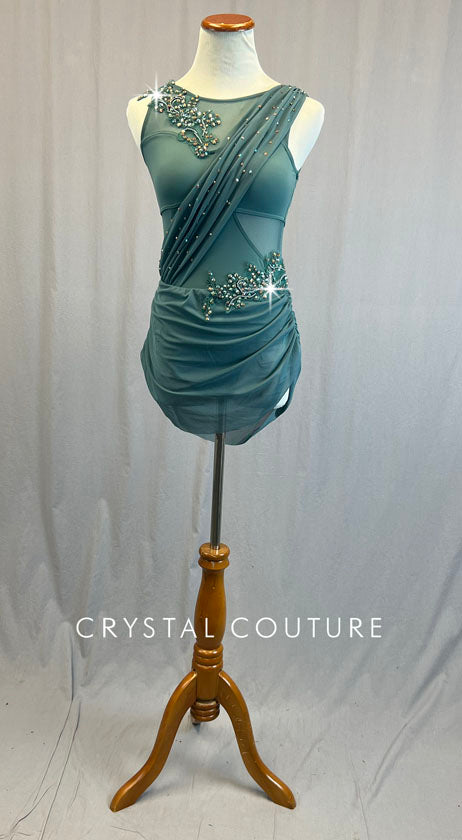 Sage Green Leotard with Mesh Draping and mesh Skirt- Appliques & Rhinestones