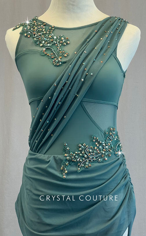 Sage Green Leotard with Mesh Draping and mesh Skirt- Appliques & Rhinestones