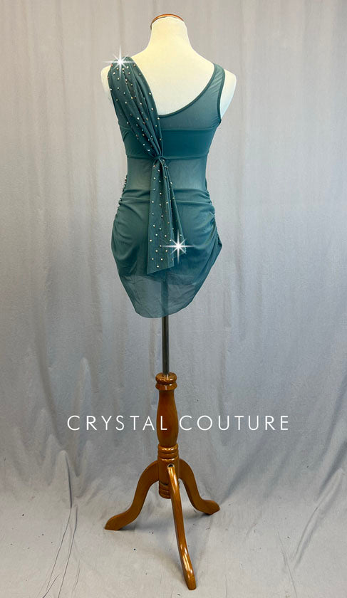 Sage Green Leotard with Mesh Draping and mesh Skirt- Appliques & Rhinestones