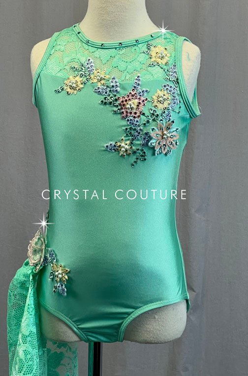 Seafoam Green Leotard with Lace Side Bustle and Floral Appliques - Rhinestones