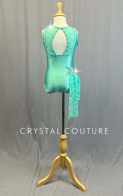 Seafoam Green Leotard with Lace Side Bustle and Floral Appliques - Rhinestones
