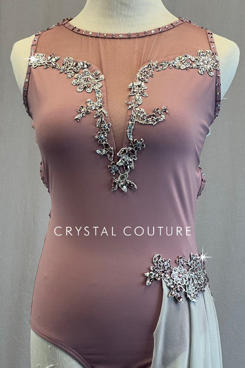 Mauve Strappy Back Leotard with Grey Mesh Side Bustle - Rhinestones