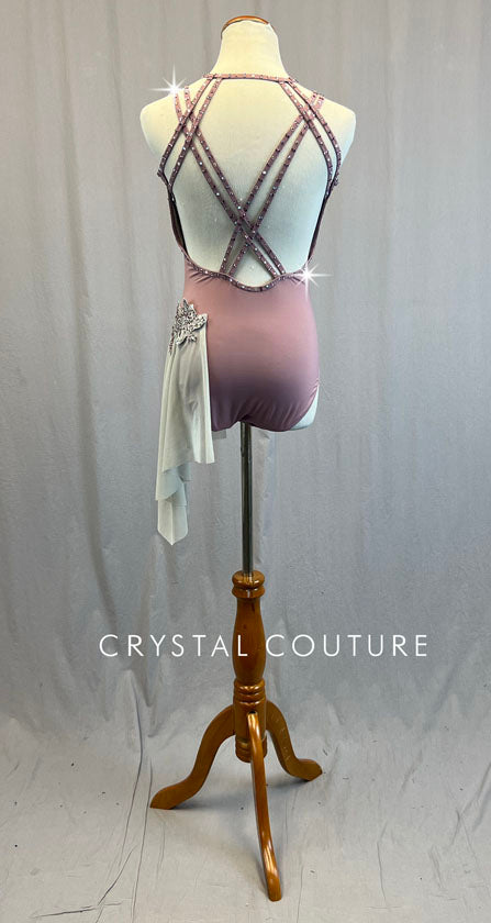 Mauve Strappy Back Leotard with Grey Mesh Side Bustle - Rhinestones