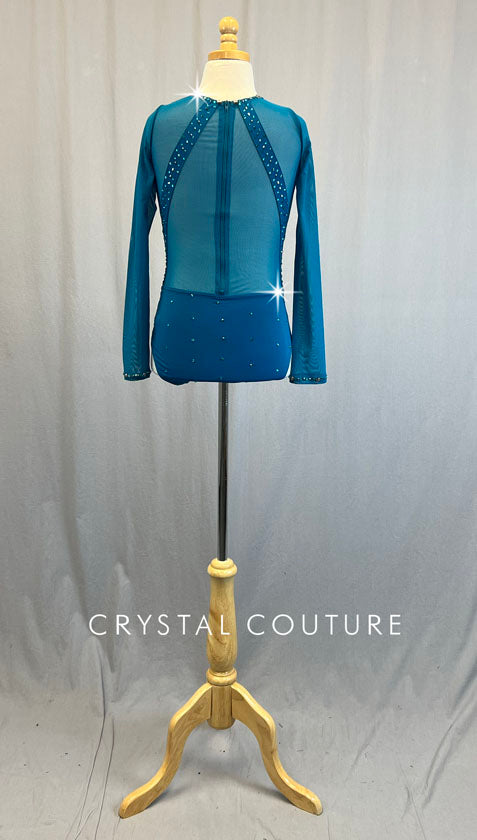 Teal Sequin Leotard with Mesh Sleeves and Cutouts - Rhinestones