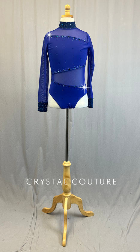 Indigo Open Back Leotard with Mesh Cutouts - Rhinestones