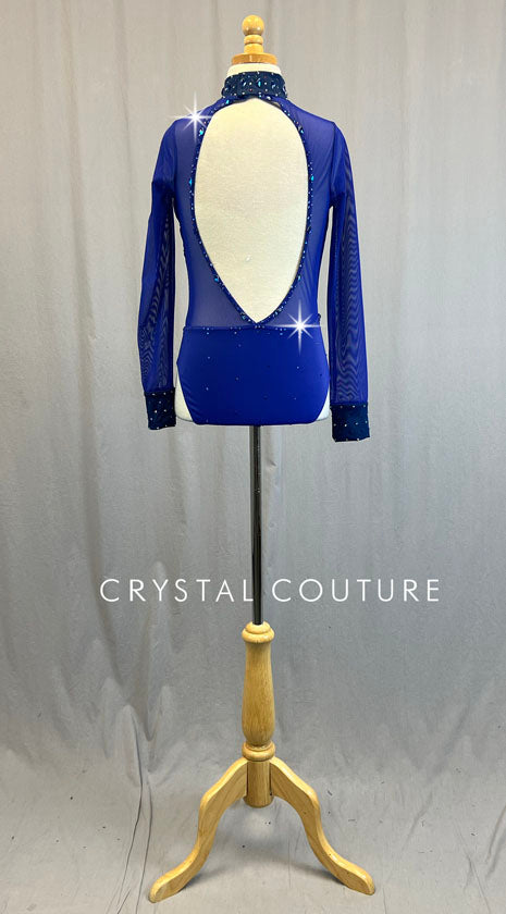 Indigo Open Back Leotard with Mesh Cutouts - Rhinestones
