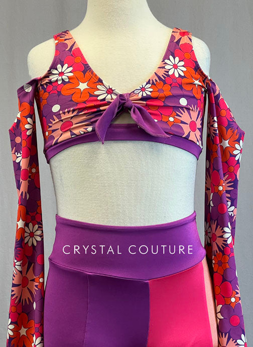 Custom Cold Shoulder Flower Top with Color Block Wide Leg Pants