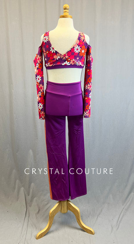 Custom Cold Shoulder Flower Top with Color Block Wide Leg Pants