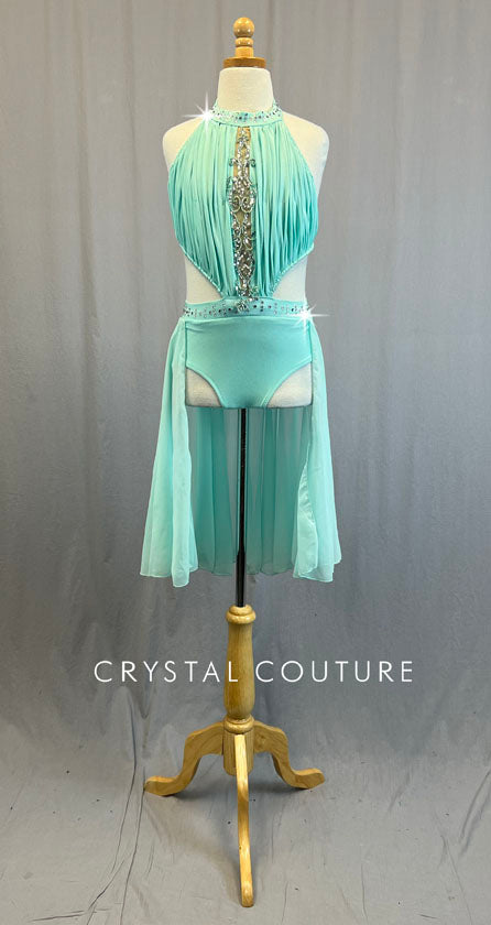 Mint Green Leotard with Ruching and Back Skirt - Rhinestones