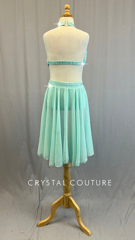 Mint Green Leotard with Ruching and Back Skirt - Rhinestones
