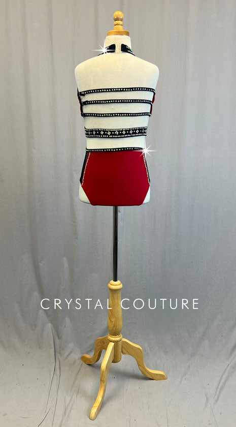 Red Strappy Back Leotard with Black Mesh and Cutouts - Rhinestones