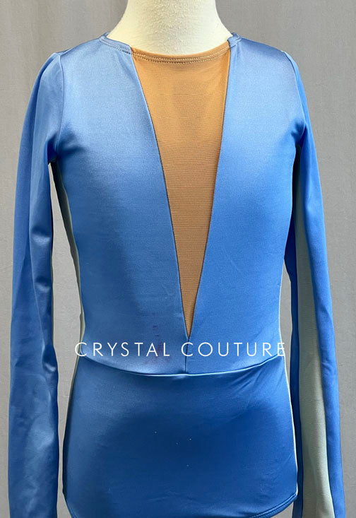 Periwinkle Long Sleeve Leotard with V Neck and Mesh Inserts