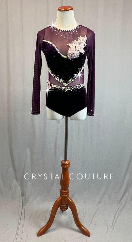 Dark Purple Velour & Mesh  Long Sleeve Leotard - Appliques & Rhinestones