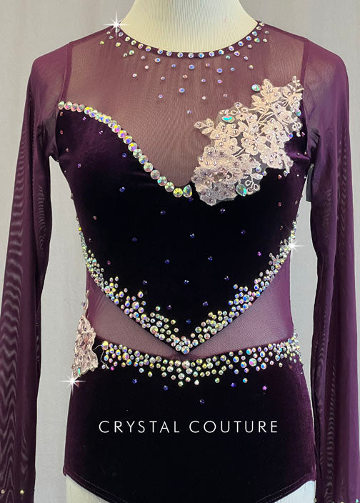 Dark Purple Velour & Mesh  Long Sleeve Leotard - Appliques & Rhinestones