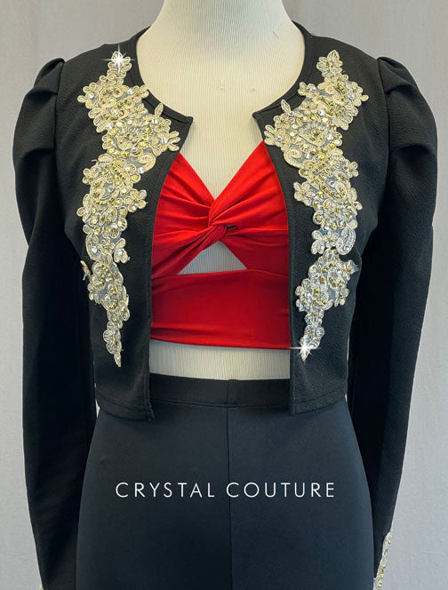 Black Appliqued Bolero Jacket with Red Twist Front Top - Rhinestones