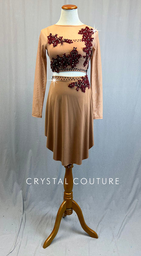 Tan Long Sleeve Top and Skirt with Burgundy Appliques - Rhinestones