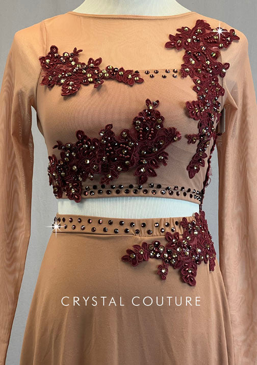 Tan Long Sleeve Top and Skirt with Burgundy Appliques - Rhinestones