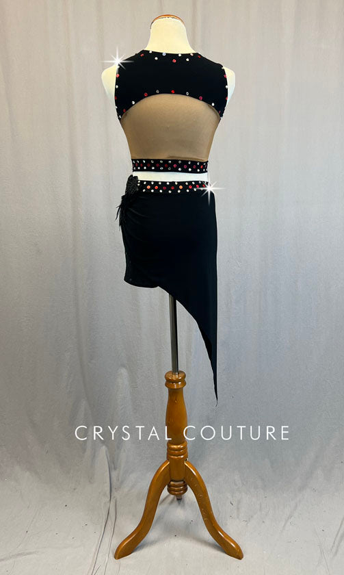 Black Jersey Top and Side Point Skirt with Feather Applique - Rhinestones