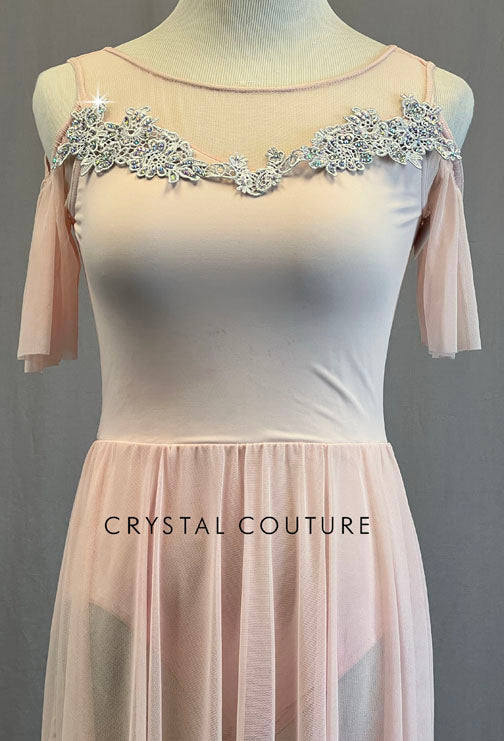Light Pink Ballet Dress with Off Shoulder Flutter Sleeves - Rhinestones