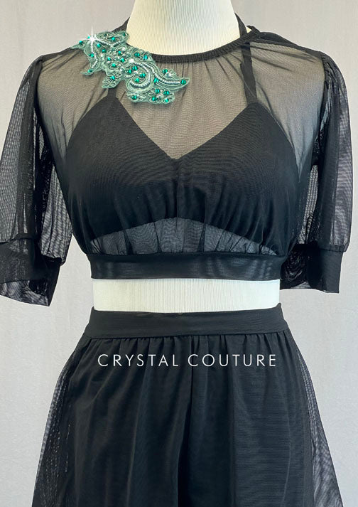 Black Puff Sleeve Mesh Crop Top and Shorts with Green Applique - Rhinestones