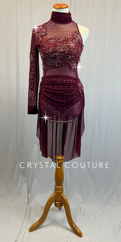 Burgundy Mock Neck Leotard with One Long Sleeve and Back Skirt - Rhinestones