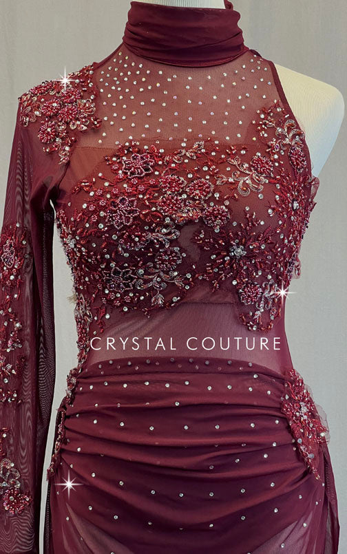 Burgundy Mock Neck Leotard with One Long Sleeve and Back Skirt - Rhinestones