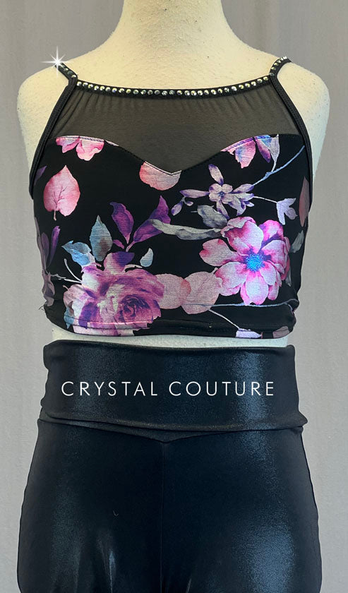 Black and Pink Floral Metallic Bra Top with Metallic High Waisted Leggings - Rhinestones