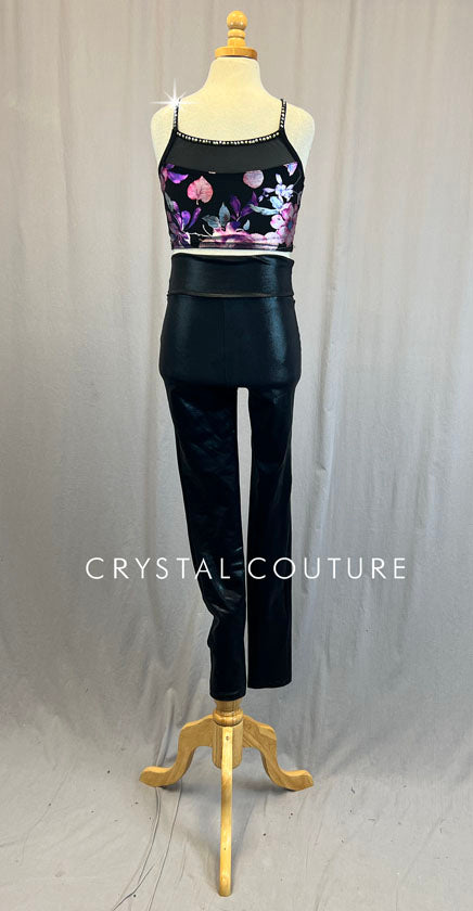 Black and Pink Floral Metallic Bra Top with Metallic High Waisted Leggings - Rhinestones