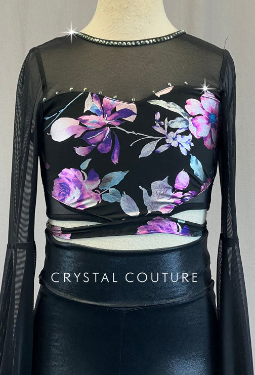 Black and Pink Floral Metallic Long Sleeve Top with Metallic High Waisted Leggings - Rhinestones