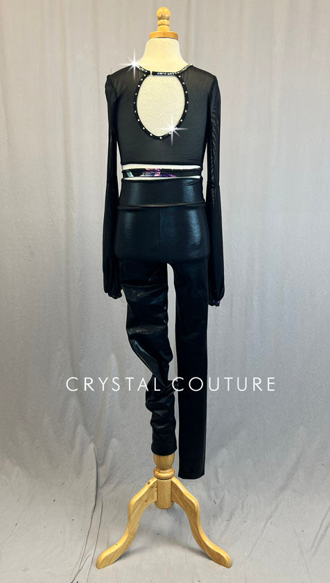 Black and Pink Floral Metallic Long Sleeve Top with Metallic High Waisted Leggings - Rhinestones